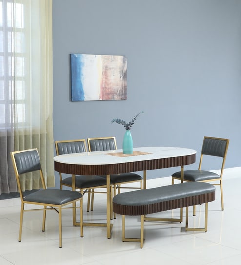 Kaffka Metal 6 Seater Dining Set In Brass Electroplating Finish With White Porcelain Top