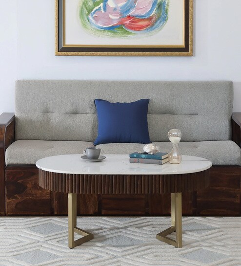 Kaffka Metal Coffee Table In Gold Colour With Porcelain Top & Fluted Detail