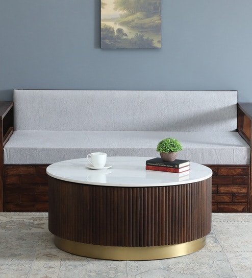 Kaffka Sheesham Wood Coffee Table In Walnut Finish With White Porcelain Top & Fluted Detail
