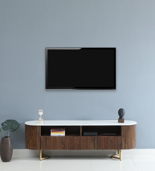 Kaffka Sheesham Wood Tv Console In Brass Electroplating Finish With White Porcelain Top