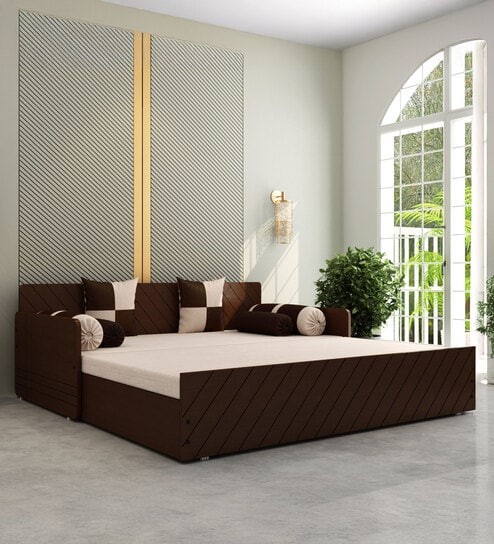 Kaiden King Sized Pull-Out Sofa Cum Bed  With Box Storage In Brown Finish