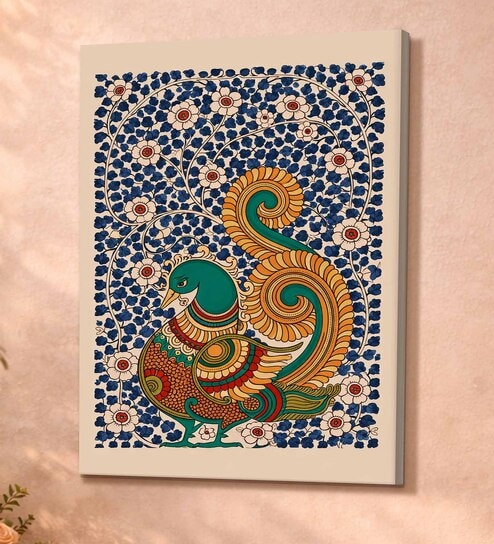 Kalamkari Blue Peacock Stretched Canvas Painting