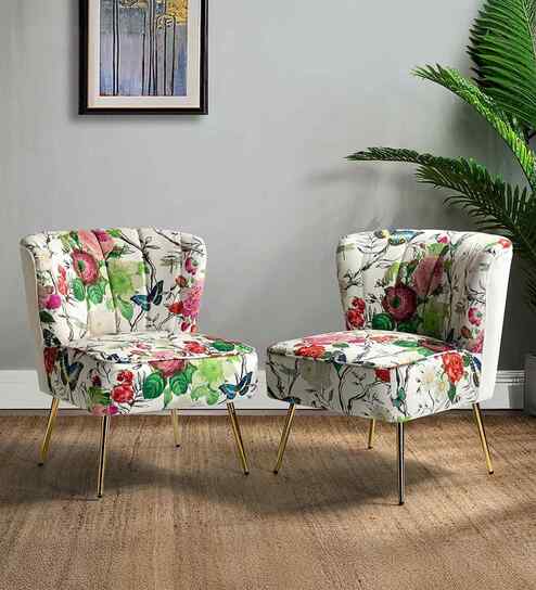 Kalian Velvet Fabric Slipper Chair In White Multicolour (Set of 2)