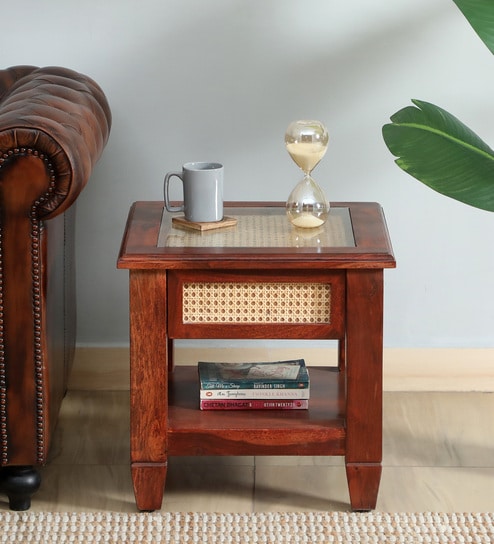 Kalki Sheesham Wood Bedside Table with Natural Cane In Honey Oak Finish