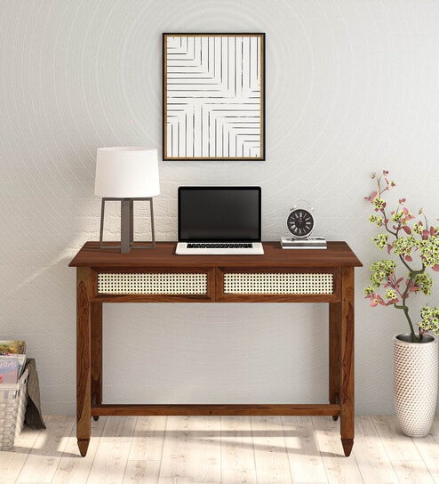 Kalki Sheesham Wood Writing Table In Scratch Resistant Provincial Teak & Natural Cane Finish