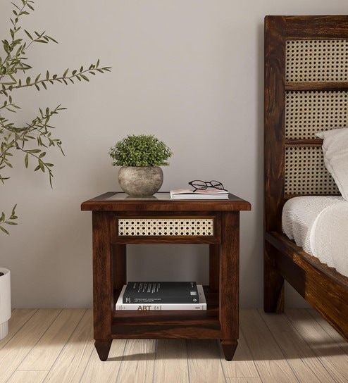 Kalki Sheesham Wood Bedside Table In Scratch Resistant Provincial Teak& Cane Finish