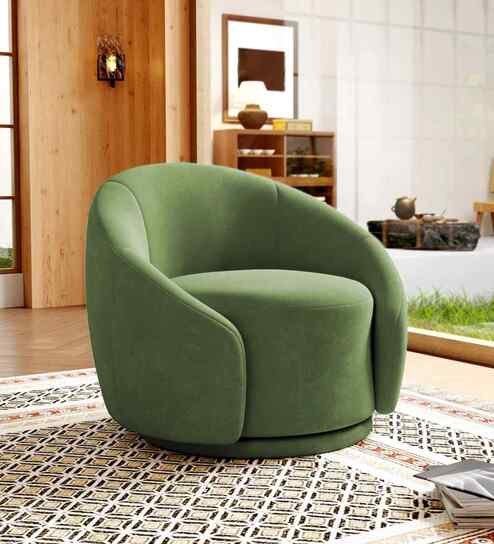 Kama Velvet Fabric Barrel Chair In Green Colour