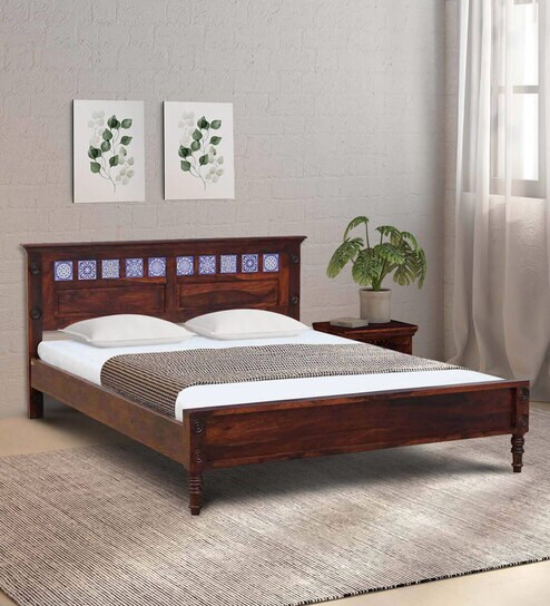 Kamchini Sheesham Wood Queen Size Bed In Scratch Resistant Honey Oak Finish