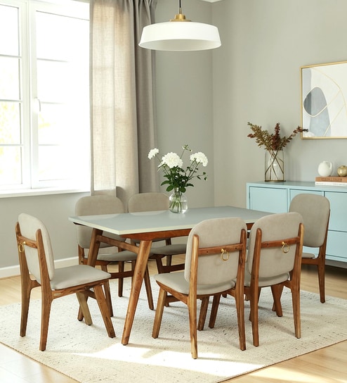 Kampen Acacia Wood 6 Seater Dining Set With White Rockland Quartz Top In Natural Finish