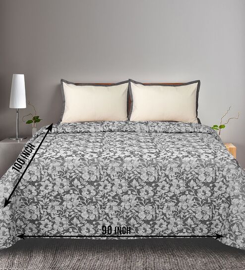 Grey Kanan Cotton Floral Breathable & Queen Size Bedsheet With 2 Pillow Covers
