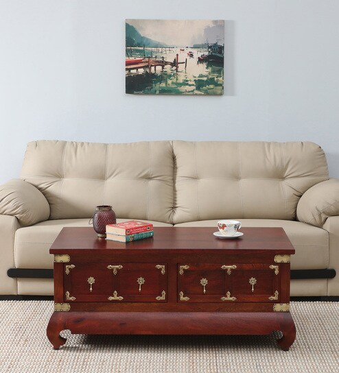 Kani Mango Wood Coffee Table In Honey Oak Finish With Drawers