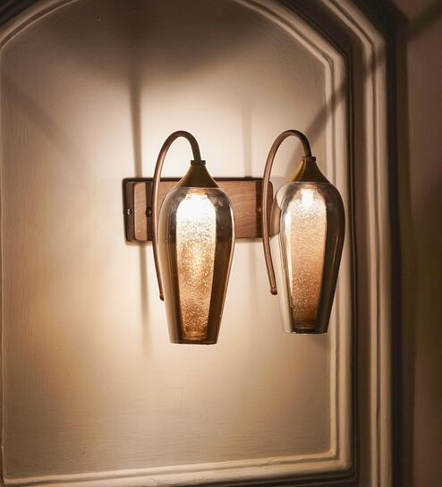 Kania Metal & Glass 2-Light Wall Light (Brass & Wood)
