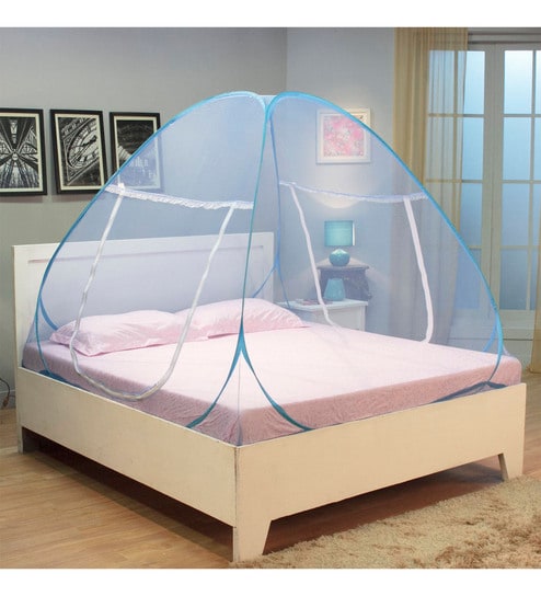 Buy Kawachi Double Bed Polyester & Cotton Blue Folding Mosquito Net ...