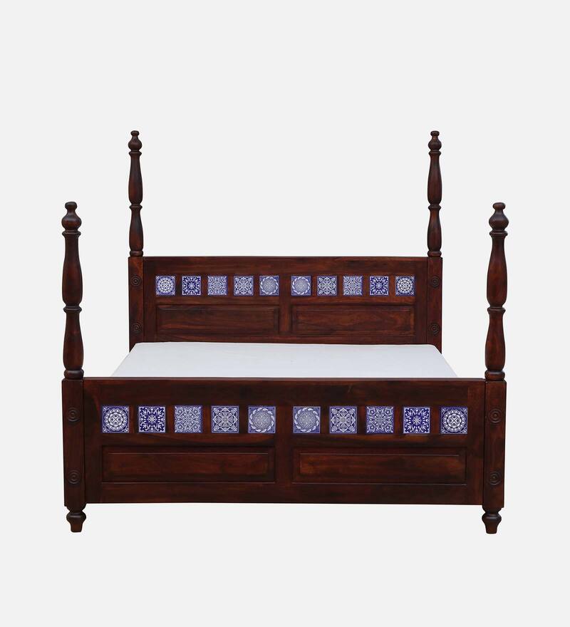 Buy Kamchini Sheesham Wood Queen Size Poster Bed in Honey Oak Finish