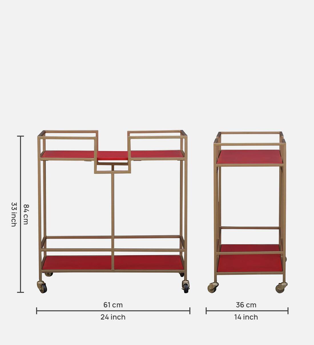Buy Seia Metal Bar Trolley in Red & Golden Finish Online Bar Trolleys