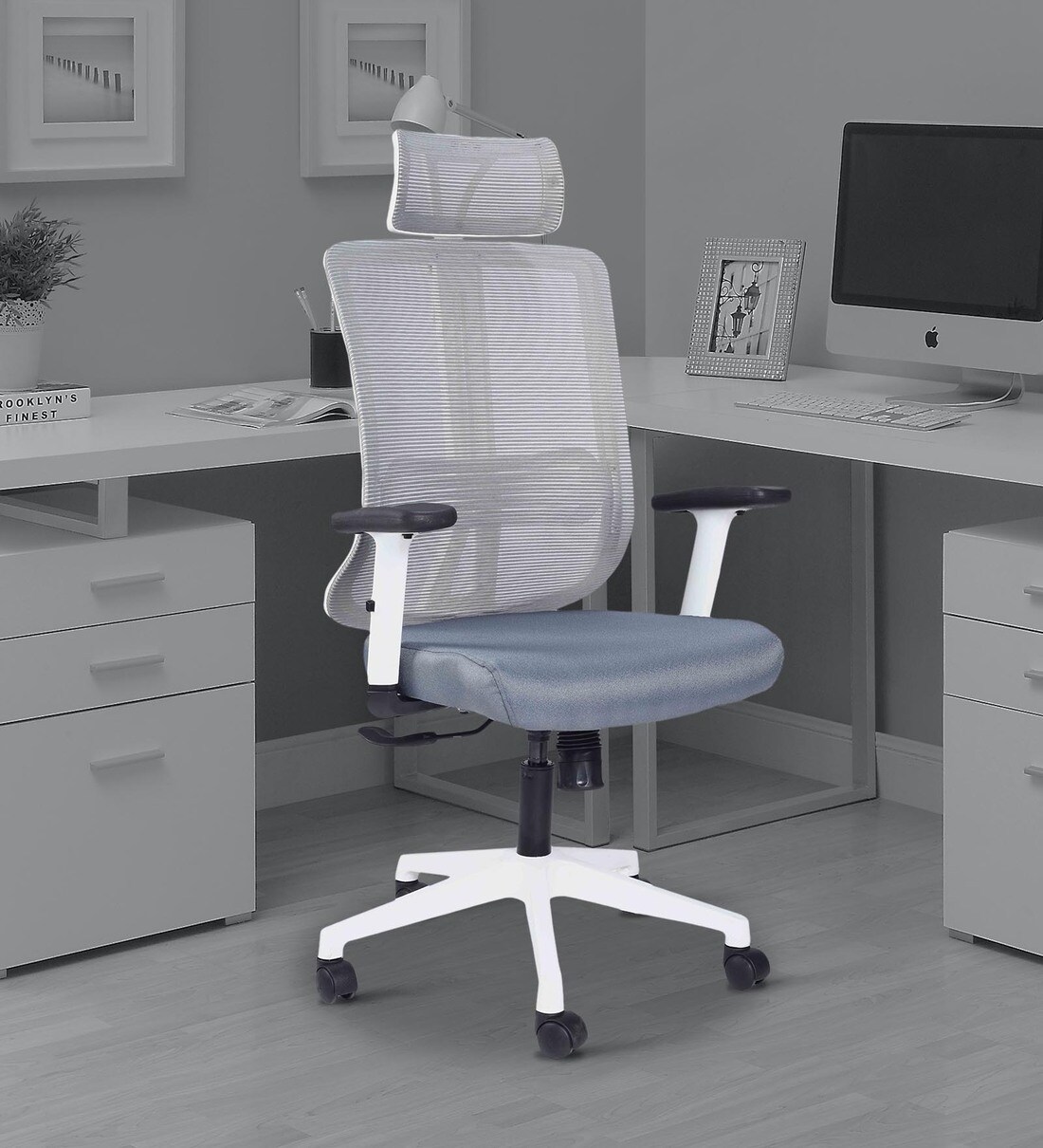 buy kenny high back white ergonomic chair with headrest in grey colour by design lever online high back ergonomic chairs chairs furniture pepperfry product