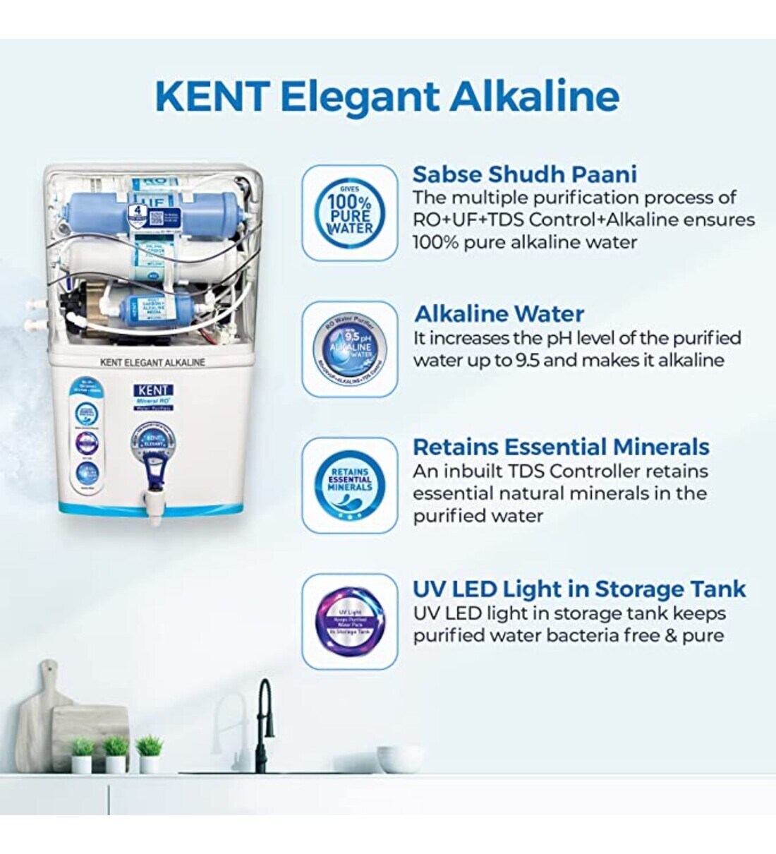 Buy KENT Elegant Alkaline RO+UV+UF+TDS Wall Mounting Water Purifier (White)  at 24% OFF by Kent