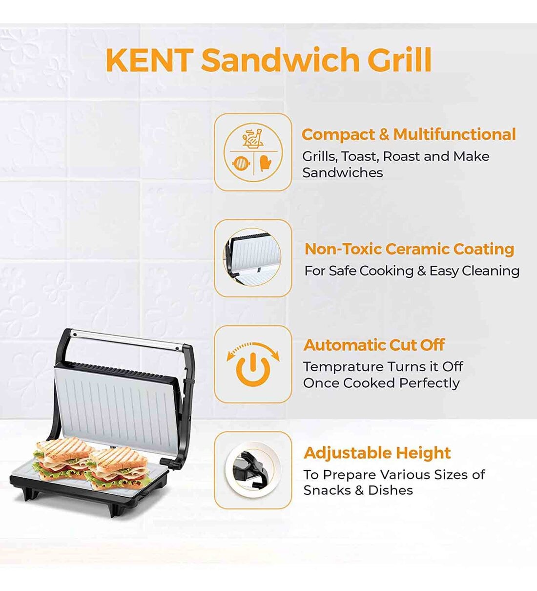 Buy KENT 700W Sandwich Grill with NonToxic Ceramic Coating with