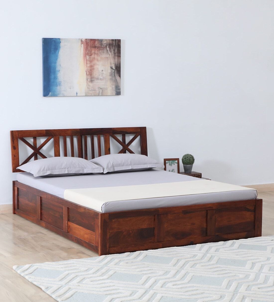 Buy Kenzo Sheesham Wood Queen Size Bed In Honey Oak Finish With Box ...