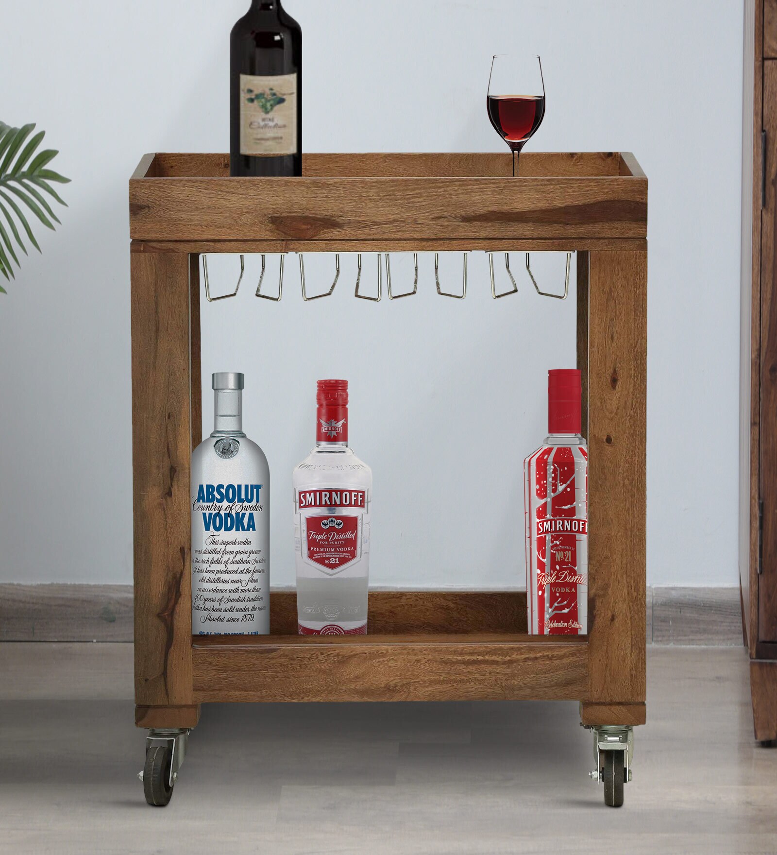 Kelty Sheesham Wood Bar Trolley In Rustic Teak Finish
