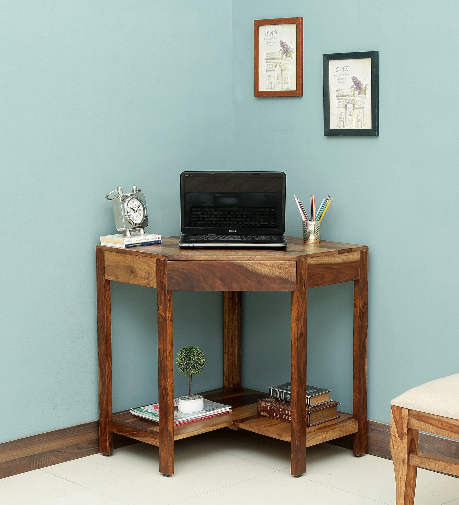 Kelty Sheesham Wood Corner Writing Table in Scratch Resistant Rustic Teak Finish