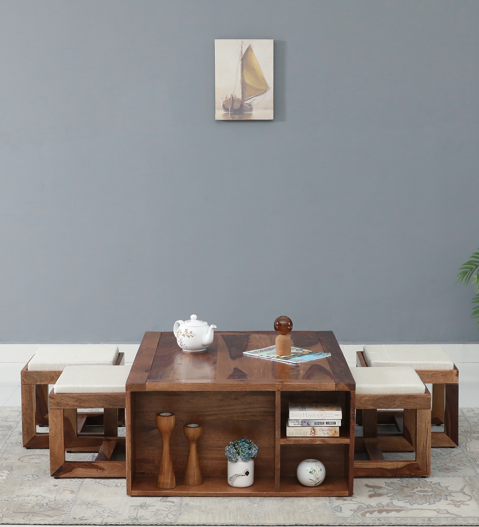 Kelty Sheesham Wood Nesting Coffee Table Set in Scratch Resistant Rustic Teak Finish With Cushioned Stools Kelty Sheesham Wood Nesting Coffee Table Set in Scratch Resistant Rustic Teak Finish With Cushioned Stools