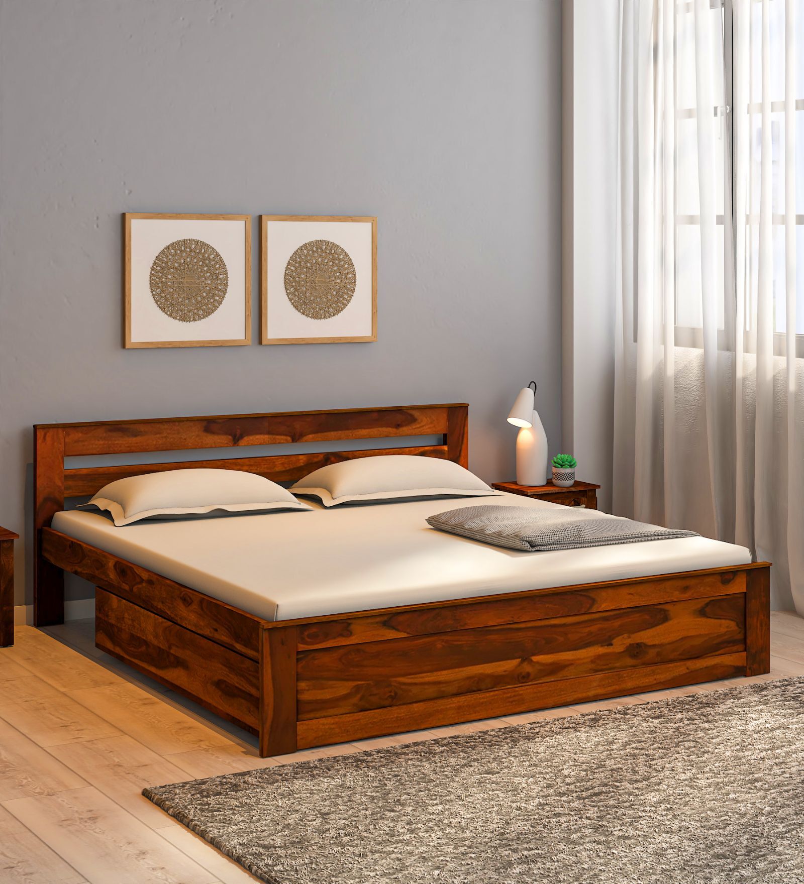 Kelty Sheesham Wood King Size Bed in Scratch Resistant Honey Oak Finish With Drawer Storage