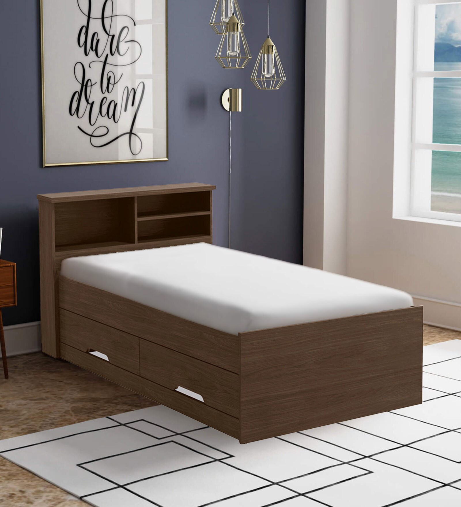 Ken Single Bed With Storage In Dark Walnut Finish