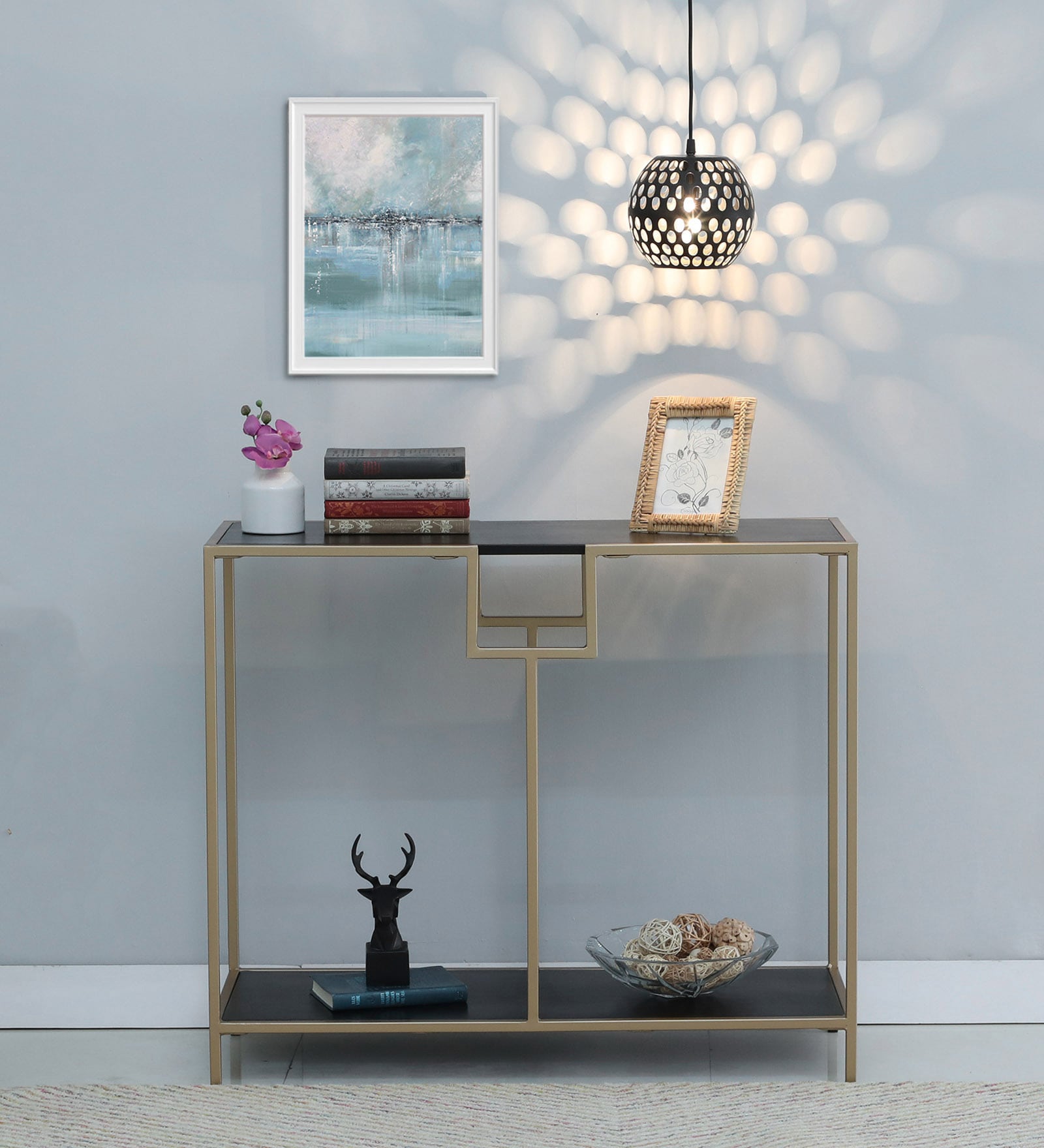 Celita Metal Console Table In Black & Gold Finish