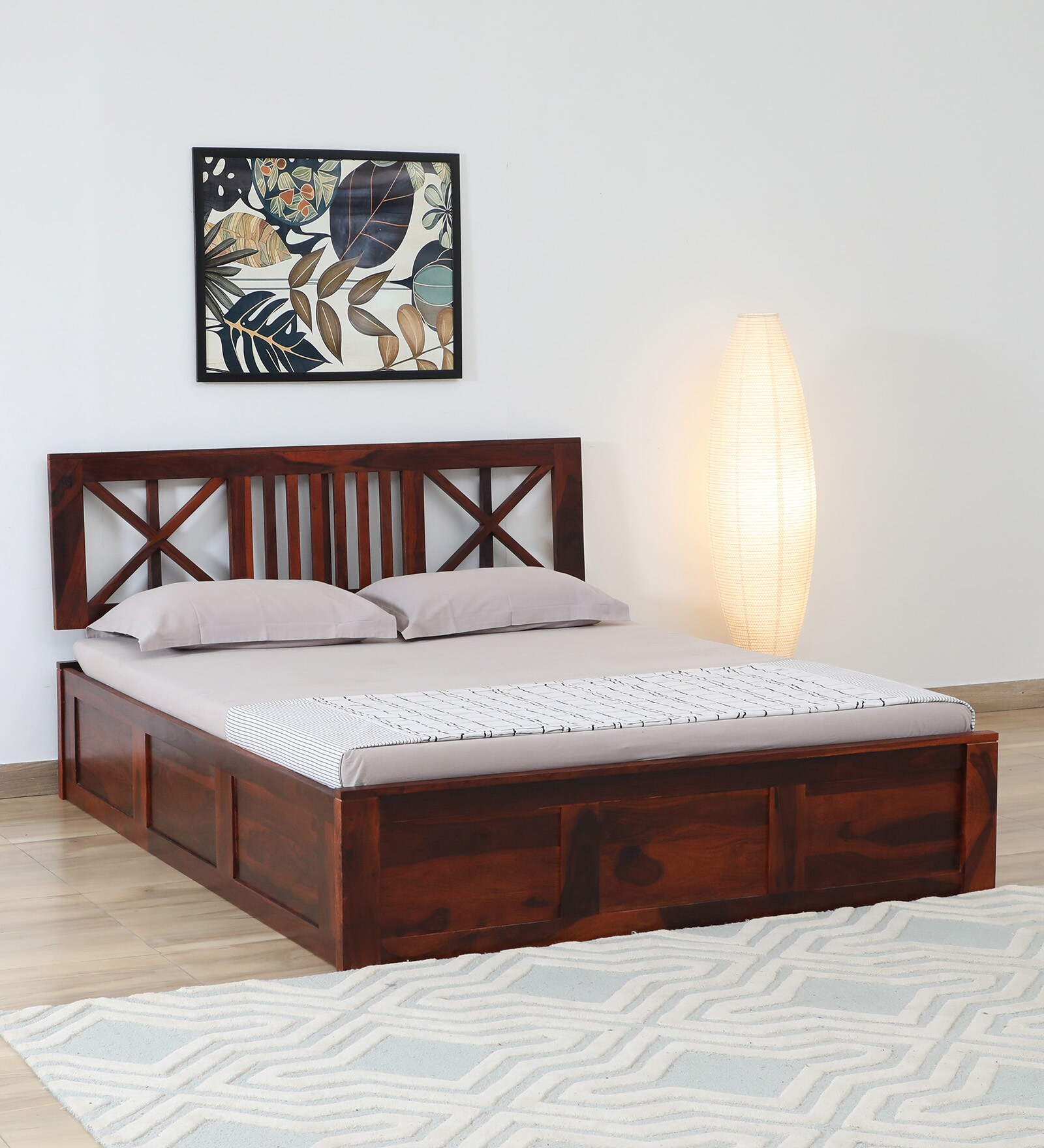 Kenzo Sheesham Wood King Size Bed In Honey Oak Finish With Box Storage