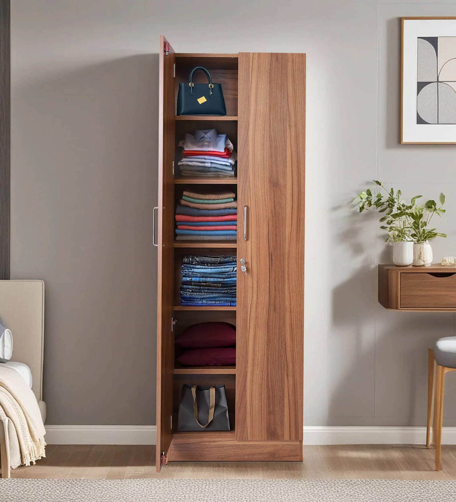 Kenzou 2 Door Wardrobe In Lyon Walnut Finish With Adjustable Shelves
