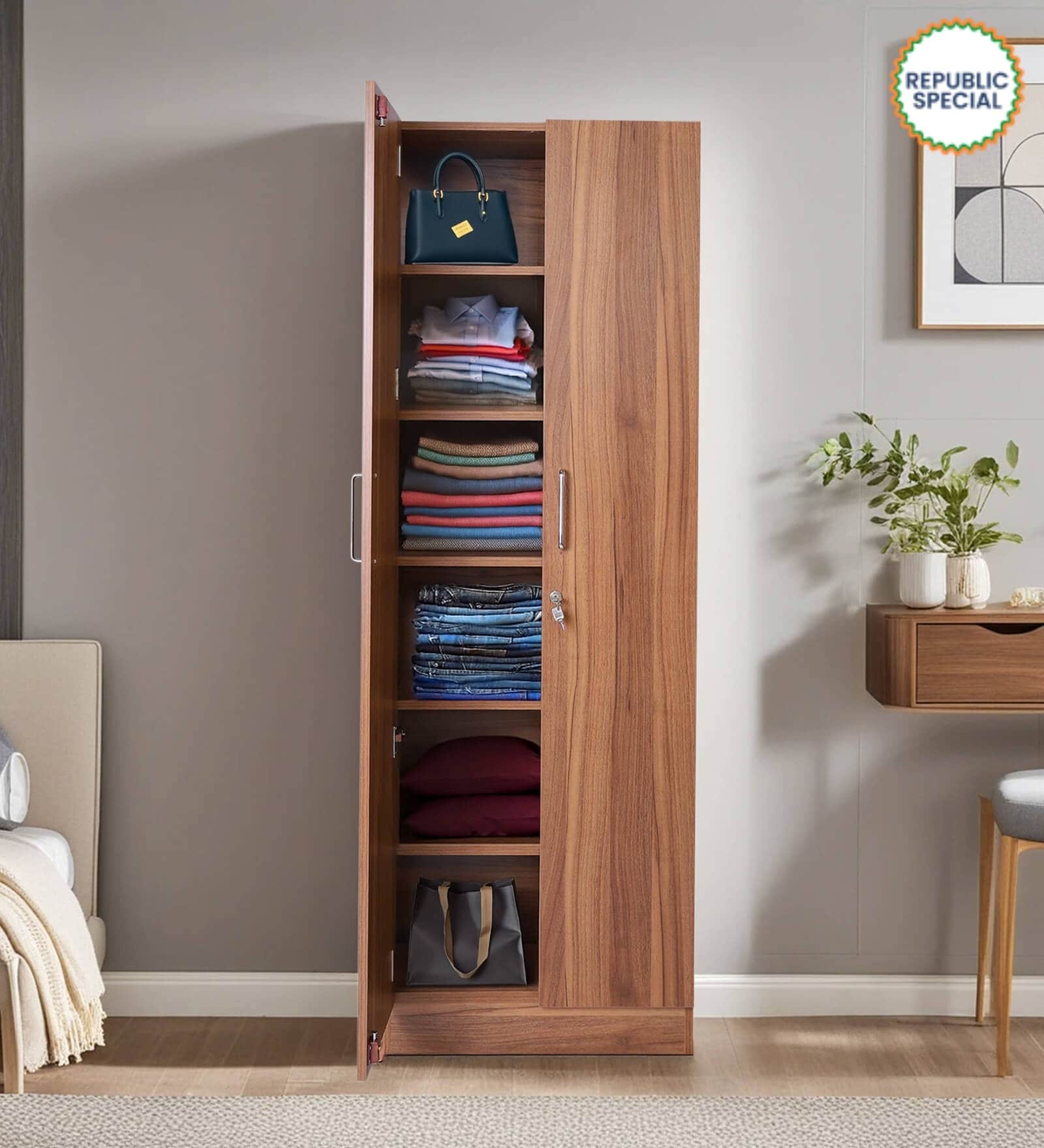 Kenzou 2 Door Wardrobe In Lyon Walnut Finish With Adjustable Shelves