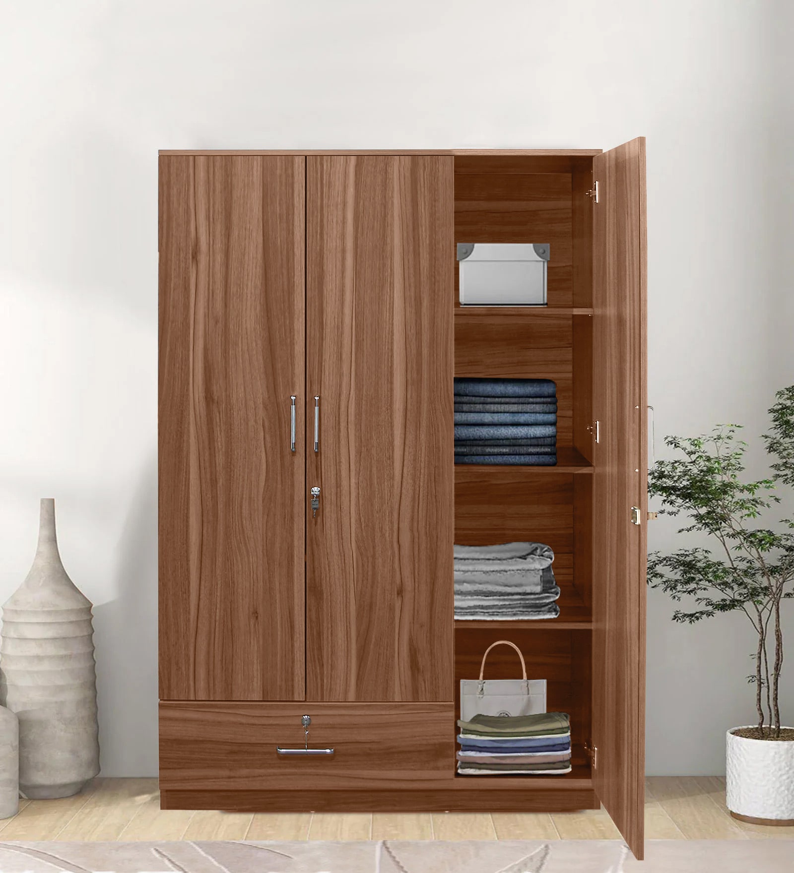 Kenzou 3 Door Wardrobe In Lyon Walnut Finish With Adjustable Shelves & Drawers