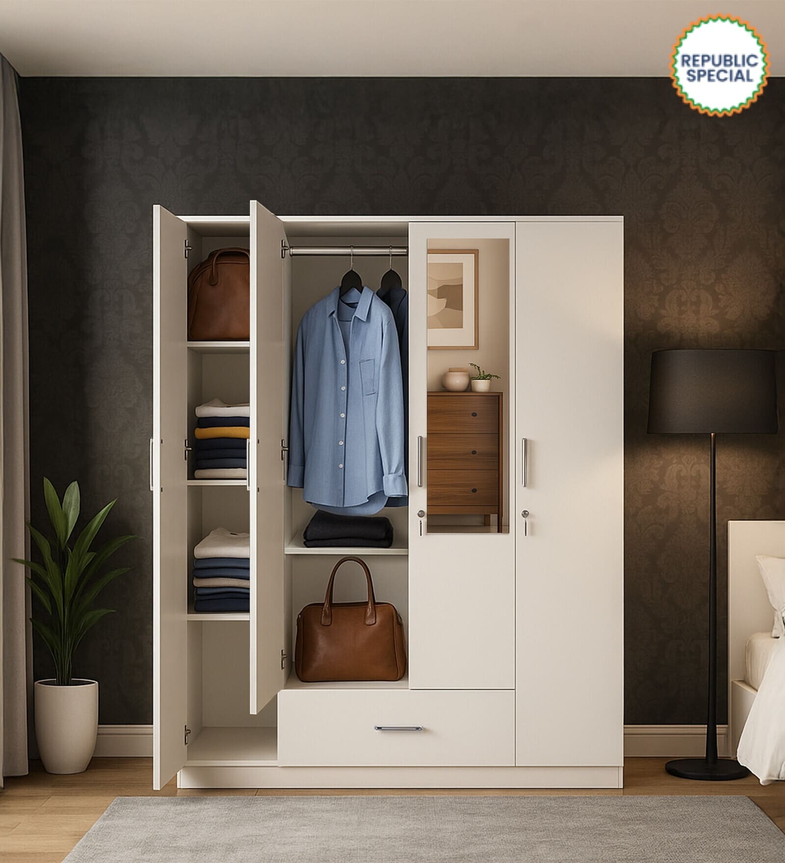 Kenzou 4 Door Wardrobe In Off White Finish With Adjustable Shelves & Drawer