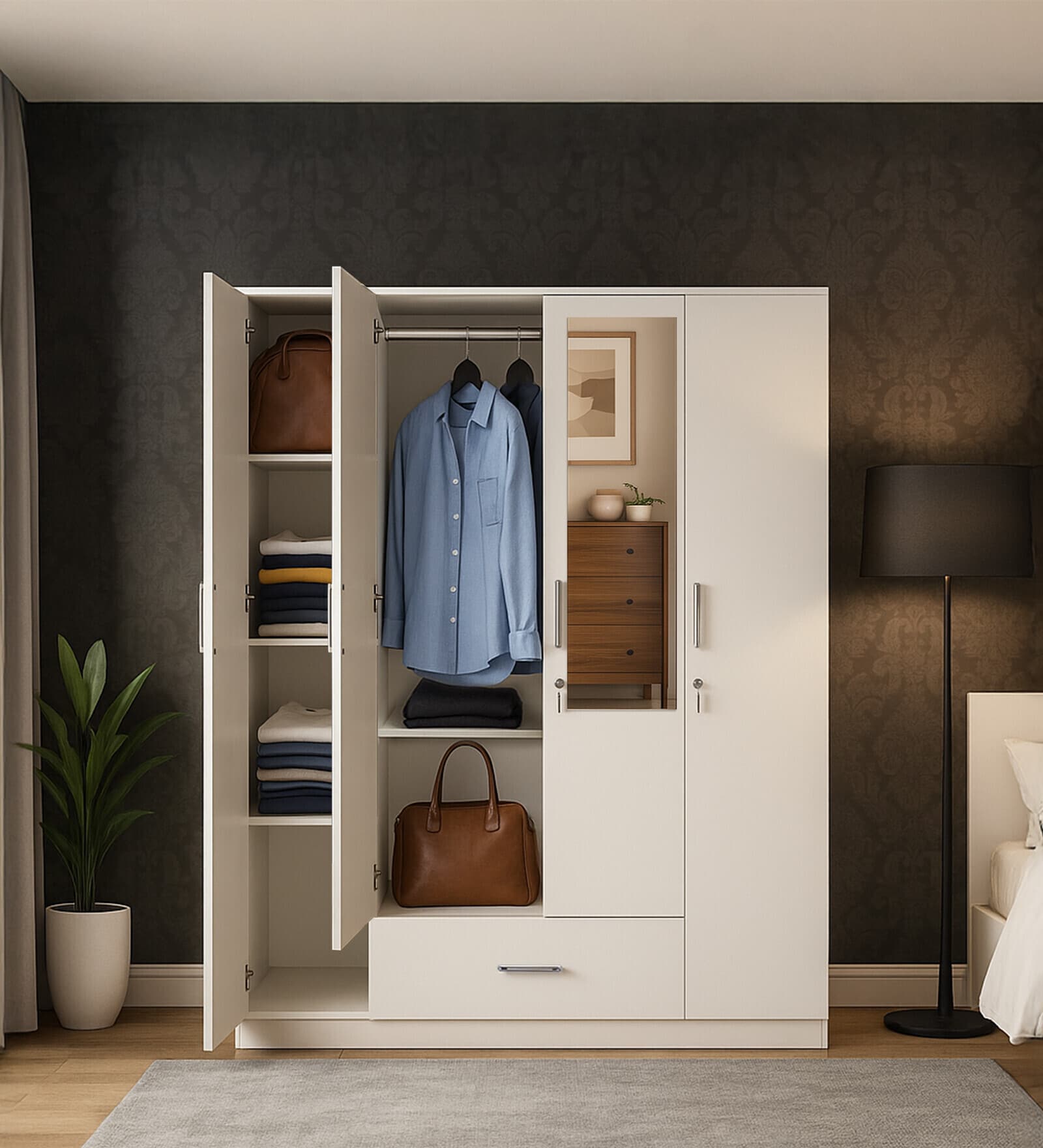 Kenzou 4 Door Wardrobe In Off White Finish With Adjustable Shelves & Drawer