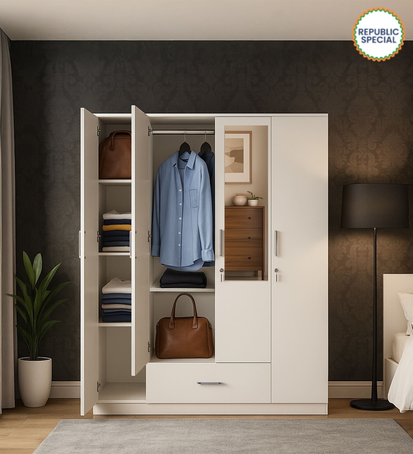 Kenzou 4 Door Wardrobe With Adjustable Shelves In Off White Finish With Mirror & Drawer