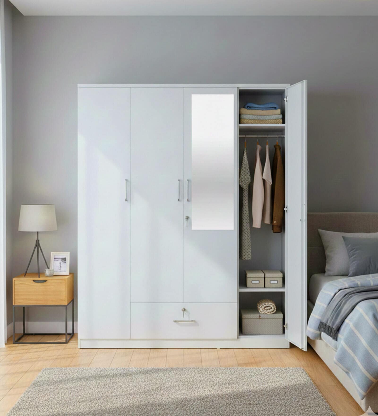 Kenzou 4 Door Wardrobe With Adjustable Shelves In Off White Finish With Mirror & Drawer