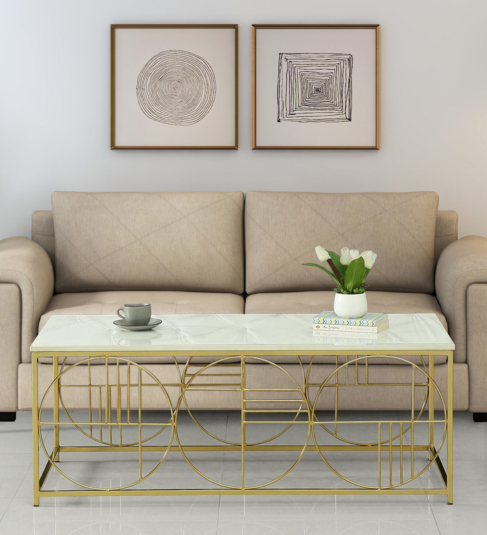 Kerby Metal Coffee Table In Matte Gold Finish With Porcelain Top