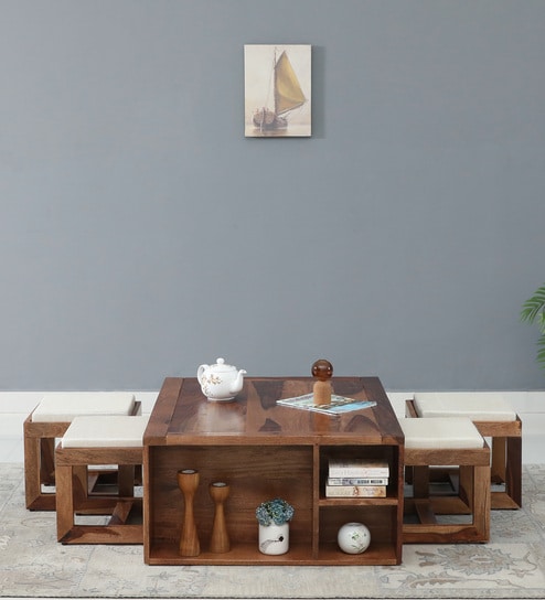 Kelty Sheesham Wood Nesting Coffee Table Set in Scratch Resistant Rustic Teak Finish With Cushioned Stools