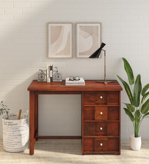 Kelty Sheesham Wood Writing Table In Scratch Resistant Honey Oak Finish With Drawers