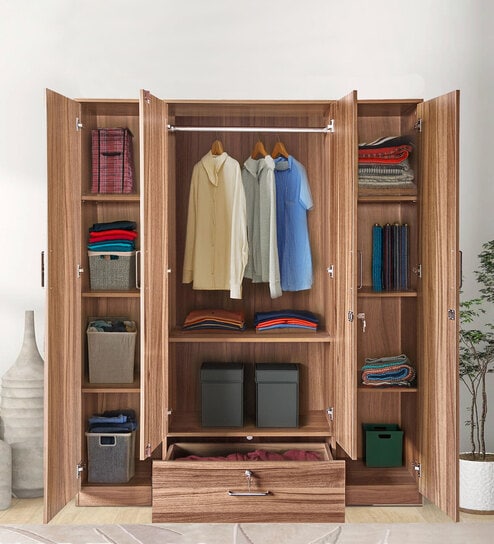 Kenzou 4 Door Wardrobe In Lyon Walnut Finish With Adjustable Shelves & Drawer