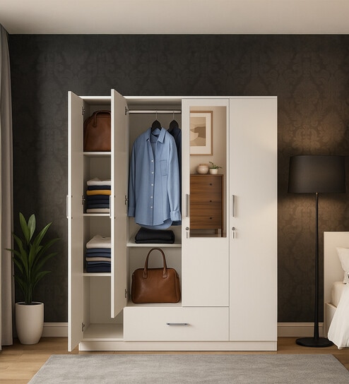 Kenzou 4 Door Wardrobe In Off White Finish With Adjustable Shelves & Drawer