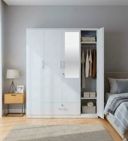 Kenzou 4 Door Wardrobe With Adjustable Shelves In Off White Finish With Mirror & Drawer