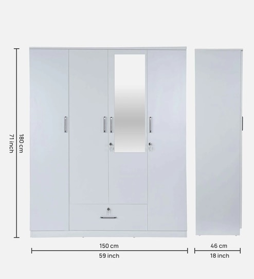 Kenzou 4 Door Wardrobe With Adjustable Shelves In Off White Finish With Mirror & Drawer