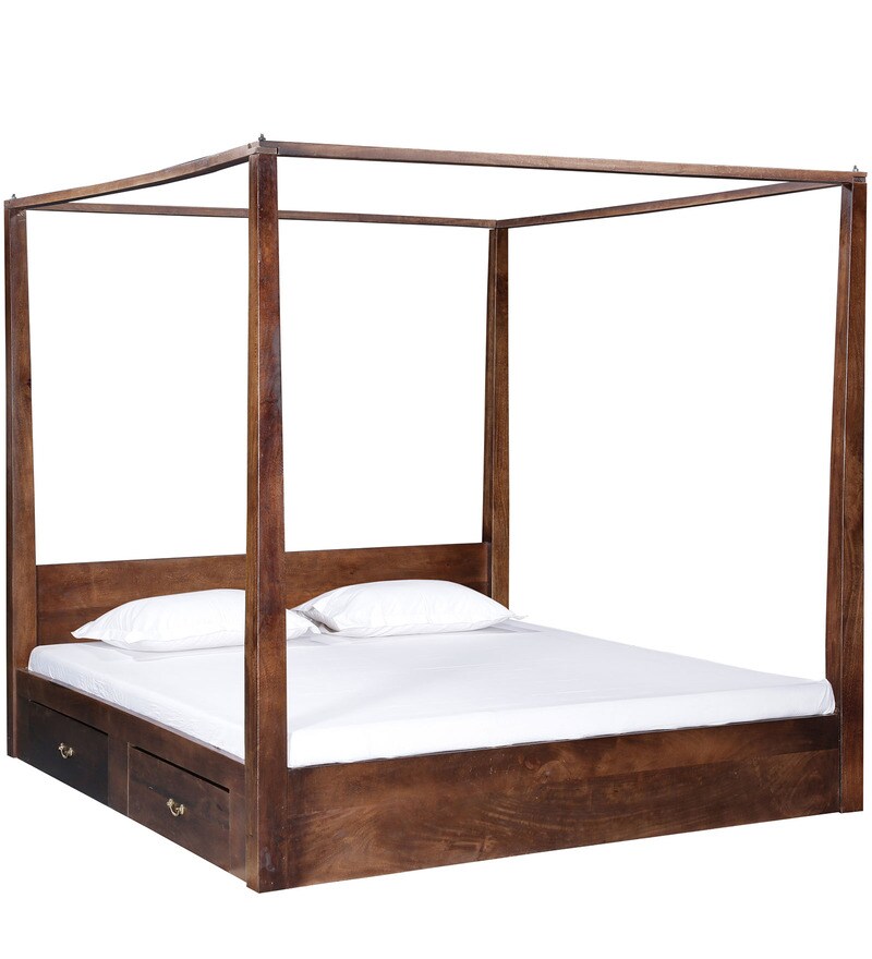 Buy Ilwaco King Size Poster Bed with Storage in Provincial Teak Finish