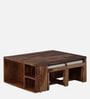 Kelty Sheesham Wood Nesting Coffee Table Set in Scratch Resistant Rustic Teak Finish With Cushioned Stools
