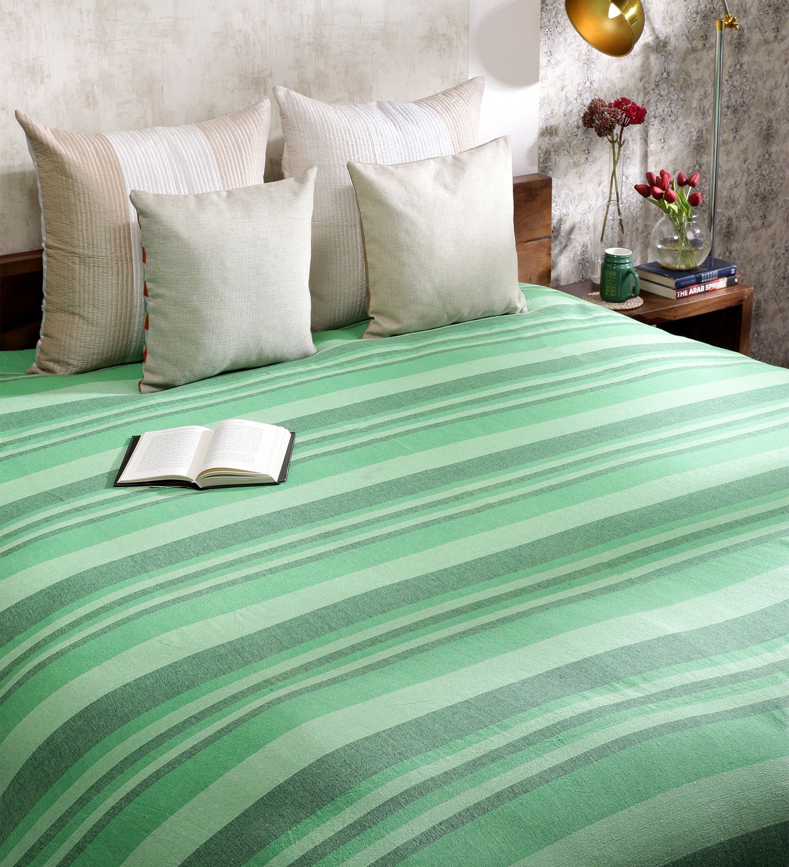 Buy Khadi Green Cotton Stripes & Checks 100 x 90 Inch Queen Beds Bed