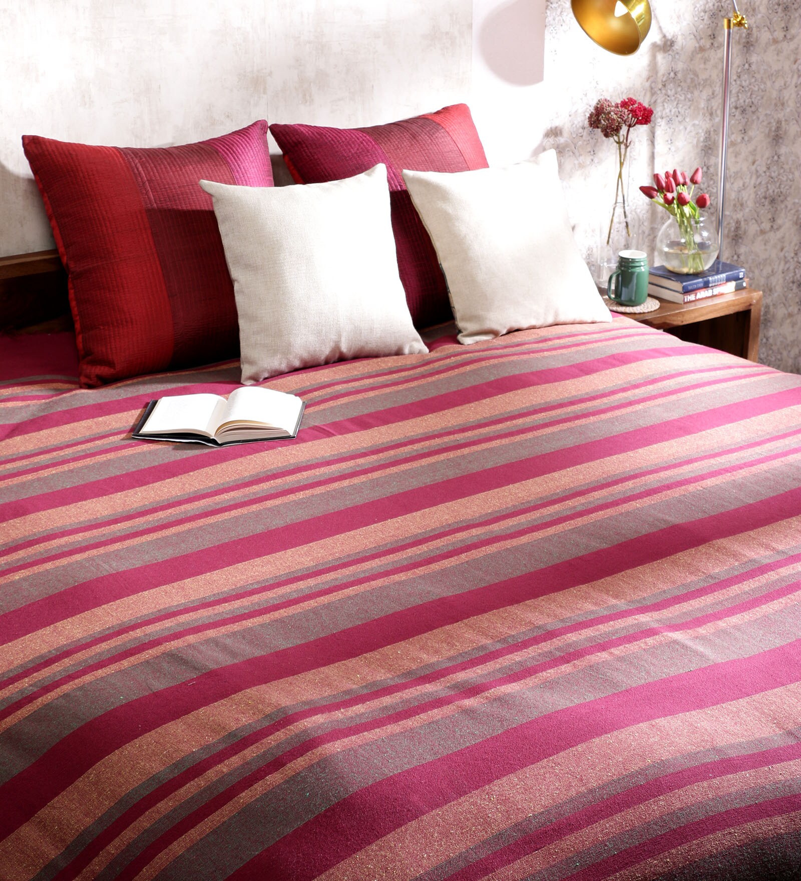 Buy Khadi Pink Cotton Stripes 100 x 90 Inch Queen Bed Sheet Online
