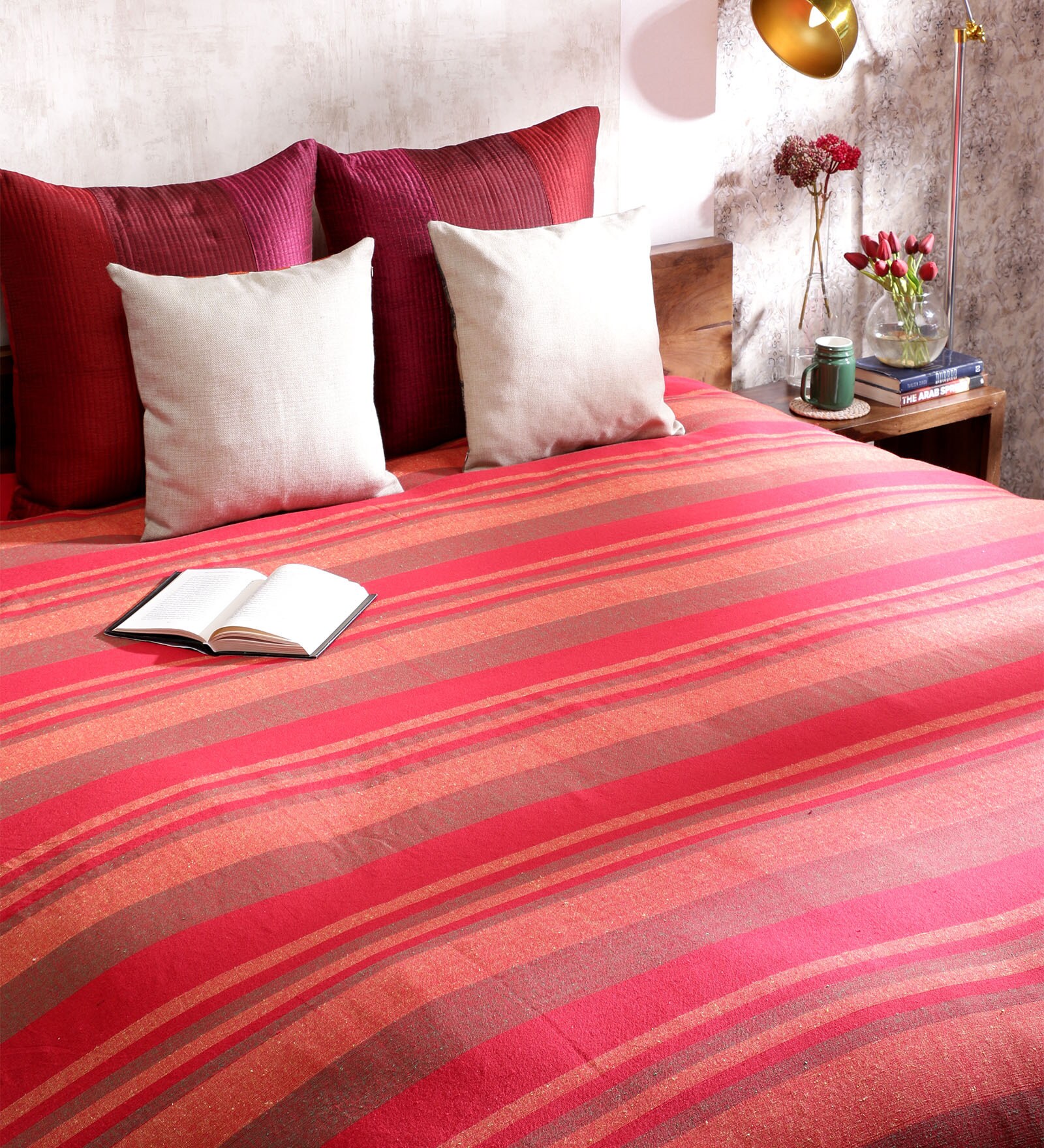 Buy Khadi Rose Red Cotton Stripes 100 x 90 Inch Queen Bed Sheet Online