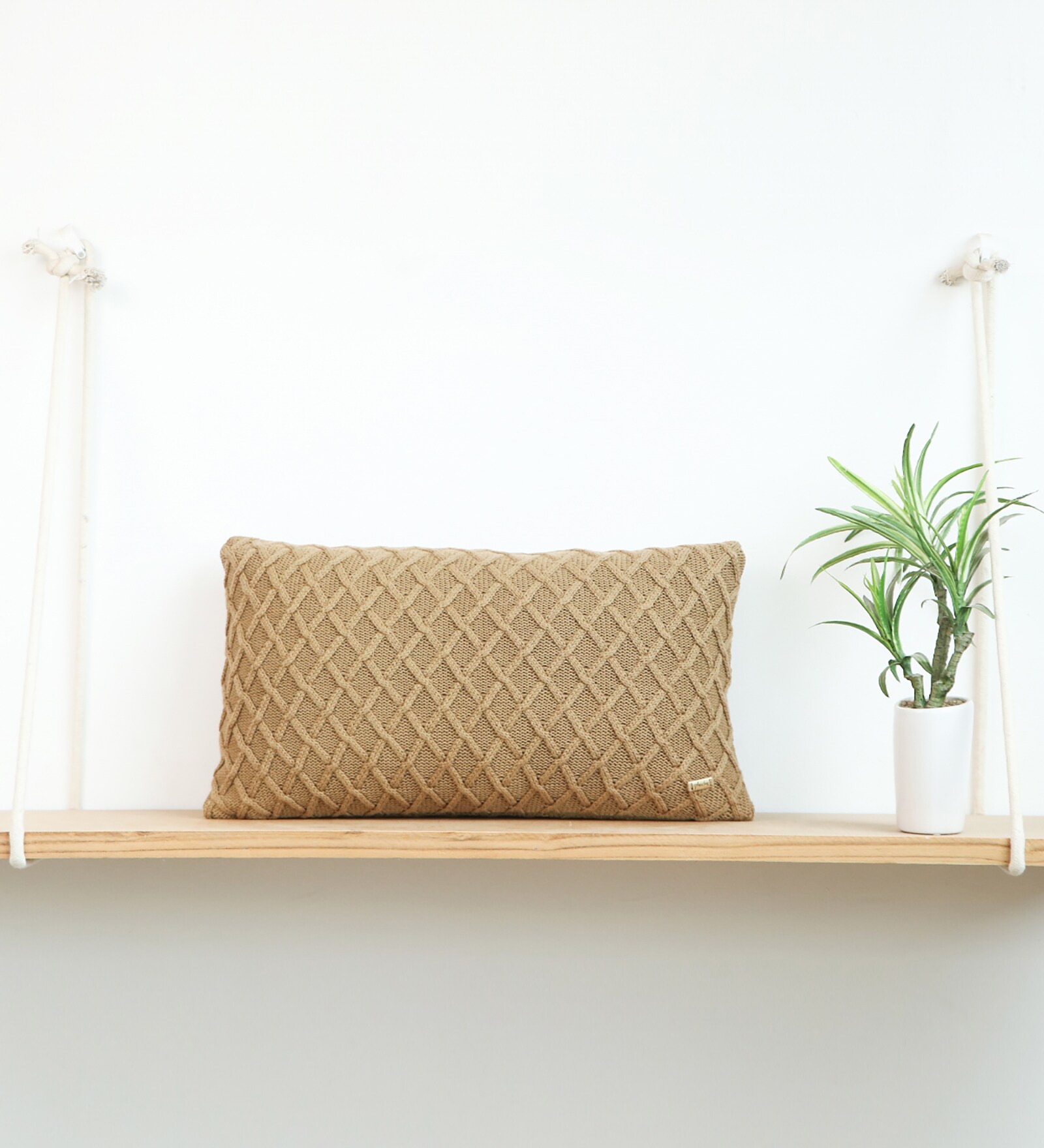 Khaki 100% Cotton Crest 12X20 Inches Knitted Cushion Cover